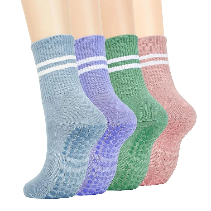 4Pairs Women Anti-Skid Yoga Socks Grips Cotton Mid-Tube Bottom Breathable Fitness Dance Barre Workout Pilates Socks 8 Colors