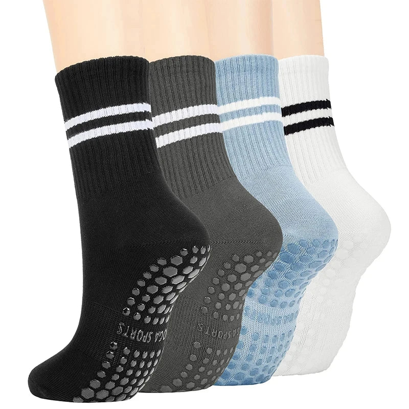 4Pairs Women Anti-Skid Yoga Socks Grips Cotton Mid-Tube Bottom Breathable Fitness Dance Barre Workout Pilates Socks 8 Colors